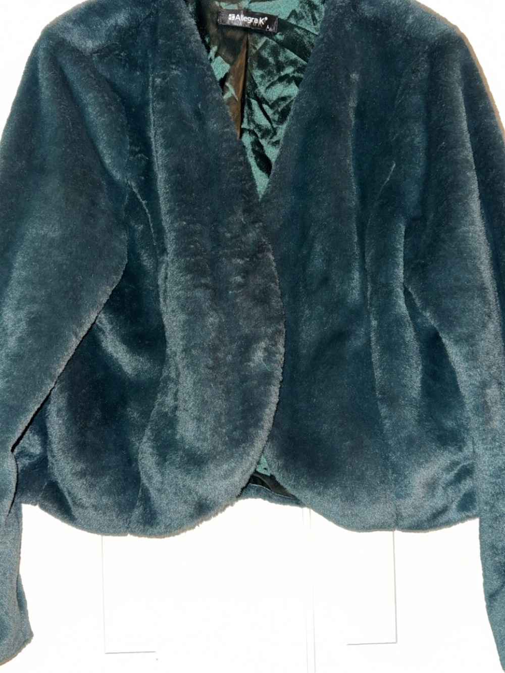 Allegra K Teal Plush Faux Fur Cropped Jacket